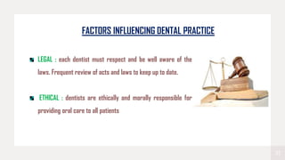 27
FACTORS INFLUENCING DENTAL PRACTICE
LEGAL : each dentist must respect and be well aware of the
laws. Frequent review of acts and laws to keep up to date.
ETHICAL : dentists are ethically and morally responsible for
providing oral care to all patients
 