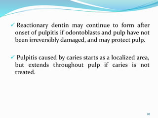 Reactionary dentin may continue to form after
onset of pulpitis if odontoblasts and pulp have not
been irreversibly damaged, and may protect pulp.
 Pulpitis caused by caries starts as a localized area,
but extends throughout pulp if caries is not
treated.
86
 
