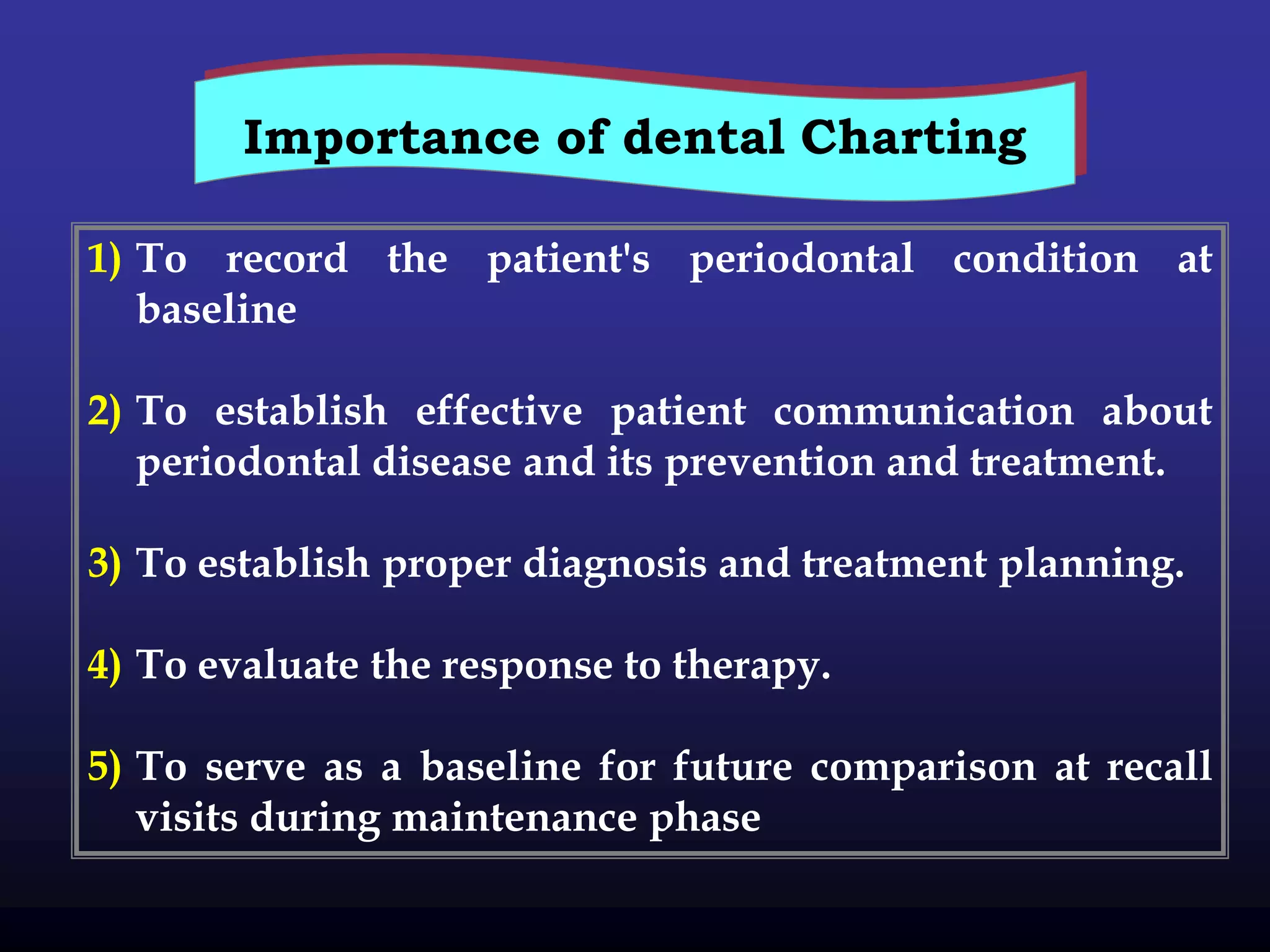 Importance of dental Charting

1) To record the patient's periodontal condition at
   baseline

2) To establish effective patient communication about
   periodontal disease and its prevention and treatment.

3) To establish proper diagnosis and treatment planning.

4) To evaluate the response to therapy.

5) To serve as a baseline for future comparison at recall
   visits during maintenance phase
 