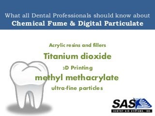 What all Dental Professionals should know about
Chemical Fume & Digital Particulate
methyl methacrylate
3D Printing
ultra-fine particles
Titanium dioxide
Acrylic resins and fillers
 