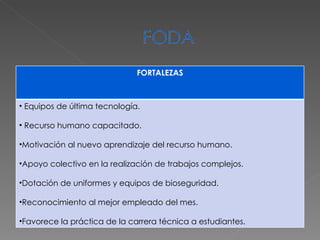 FORTALEZAS Equipos de última tecnología. Recurso humano capacitado. Motivación al nuevo aprendizaje del recurso humano. Apoyo colectivo en la realización de trabajos complejos. Dotación de uniformes y equipos de bioseguridad. Reconocimiento al mejor empleado del mes. Favorece la práctica de la carrera técnica a estudiantes. 