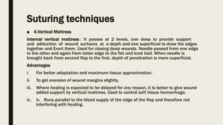 Suturing techniques
■ 4.Vertical Mattress
Internal vertical mattress : It passes at 2 levels, one deep to provide support
and adduction of wound surfaces at a depth and one superficial to draw the edges
together and Evert them. Used for closing deep wounds. Needle passed from one edge
to the other and again from latter edge to the fist and knot tied. When needle is
brought back from second flap to the first, depth of penetration is more superficial.
Advantages
i. For better adaptation and maximum tissue approximation.
ii. To get eversion of wound margins slightly.
iii. Where healing is expected to be delayed for any reason, it is better to give wound
added support by vertical mattress. Used to control soft tissue hemorrhage.
iv. iv. Runs parallel to the blood supply of the edge of the flap and therefore not
interfering with healing.
 