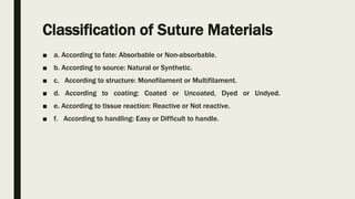 Classification of Suture Materials
■ a. According to fate: Absorbable or Non-absorbable.
■ b. According to source: Natural or Synthetic.
■ c. According to structure: Monofilament or Multifilament.
■ d. According to coating: Coated or Uncoated, Dyed or Undyed.
■ e. According to tissue reaction: Reactive or Not reactive.
■ f. According to handling: Easy or Difficult to handle.
 