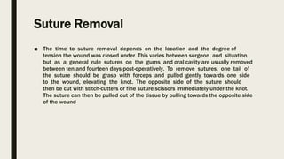 Suture Removal
■ The time to suture removal depends on the location and the degree of
tension the wound was closed under. This varies between surgeon and situation,
but as a general rule sutures on the gums and oral cavity are usually removed
between ten and fourteen days post-operatively. To remove sutures, one tail of
the suture should be grasp with forceps and pulled gently towards one side
to the wound, elevating the knot. The opposite side of the suture should
then be cut with stitch-cutters or fine suture scissors immediately under the knot.
The suture can then be pulled out of the tissue by pulling towards the opposite side
of the wound
 