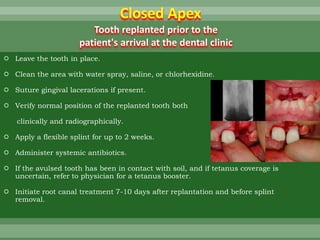 Closed Apex
 Leave the tooth in place.
 Clean the area with water spray, saline, or chlorhexidine.
 Suture gingival lacerations if present.
 Verify normal position of the replanted tooth both
clinically and radiographically.
 Apply a flexible splint for up to 2 weeks.
 Administer systemic antibiotics.
 If the avulsed tooth has been in contact with soil, and if tetanus coverage is
uncertain, refer to physician for a tetanus booster.
 Initiate root canal treatment 7-10 days after replantation and before splint
removal.
Tooth replanted prior to the
patient's arrival at the dental clinic
 