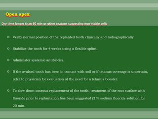  Verify normal position of the replanted tooth clinically and radiographically.
 Stabilize the tooth for 4 weeks using a flexible splint.
 Administer systemic antibiotics.
 If the avulsed tooth has been in contact with soil or if tetanus coverage is uncertain,
refer to physician for evaluation of the need for a tetanus booster.
 To slow down osseous replacement of the tooth, treatment of the root surface with
fluoride prior to replantation has been suggested (2 % sodium fluoride solution for
20 min.
Open apex
Dry time longer than 60 min or other reasons suggesting non-viable cells
 