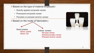 Based on the type of material employed;-
• Directly applied composite veneer
• Processed composite veneer
• Porcelain or pressed ceramic veneer
Based on the mode of fabrication;-
13
Direct veneers
•Direct partial
•Direct full
Indirect veneers
•No-prep veneer
•Etched porcelain veneer
•Pressed ceramic veneer
 