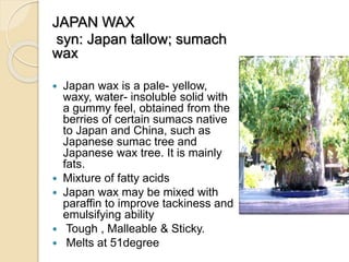 JAPAN WAX
syn: Japan tallow; sumach
wax
 Japan wax is a pale- yellow,
waxy, water- insoluble solid with
a gummy feel, obtained from the
berries of certain sumacs native
to Japan and China, such as
Japanese sumac tree and
Japanese wax tree. It is mainly
fats.
 Mixture of fatty acids
 Japan wax may be mixed with
paraffin to improve tackiness and
emulsifying ability
 Tough , Malleable & Sticky.
 Melts at 51degree
 