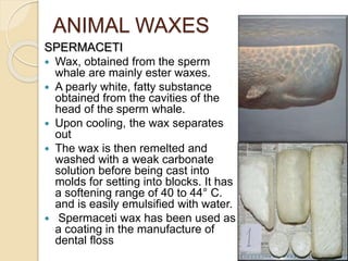 ANIMAL WAXES
SPERMACETI
 Wax, obtained from the sperm
whale are mainly ester waxes.
 A pearly white, fatty substance
obtained from the cavities of the
head of the sperm whale.
 Upon cooling, the wax separates
out
 The wax is then remelted and
washed with a weak carbonate
solution before being cast into
molds for setting into blocks. It has
a softening range of 40 to 44° C.
and is easily emulsified with water.
 Spermaceti wax has been used as
a coating in the manufacture of
dental floss
 