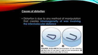 Causes of distortion
• Distortion is due to any method of manipulation
that creates inhomogeneity of wax involving
the intermolecular distance
 