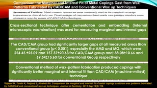 Comparison the Marginal and Internal Fit of Metal Copings Cast from Wax
Patterns Fabricated by CAD/CAM and Conventional Wax up Techniques
Vojdani M, Torabi K, Farjood E, Khaledi AA. Comparison the marginal and internal fit of metal copings cast from wax patterns fabricated
by CAD/CAM and conventional wax up techniques. Journal of Dentistry. 2013 Sep;14(3):118.
Conventional method of wax-pattern fabrication produced copings with
significantly better marginal and internal fit than CAD/CAM (machine-milled)
technique
Cross-sectional technique after cementation and embedding (internal
microscopic examination) was used for measuring marginal and internal gaps
The CAD/CAM group had significantly larger gaps at all measured areas than
conventional group (p< 0.001), especially the AMD and MG, which were
254.45 ±25.09 and 157.37±20.63 for CAD/CAM group and; 88.08±10.66 and
69.54±15.60 for conventional Group respectively
 