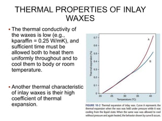  The thermal conductivity of
the waxes is low (e.g.,
kparaffin = 0.25 W/mK), and
sufficient time must be
allowed both to heat them
uniformly throughout and to
cool them to body or room
temperature.
 Another thermal characteristic
of inlay waxes is their high
coefficient of thermal
expansion.
 