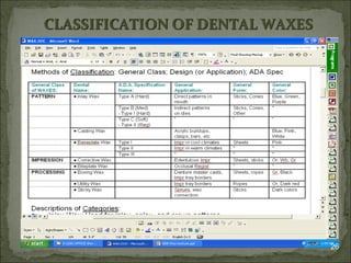 26
CLASSIFICATION OF DENTAL WAXES
 