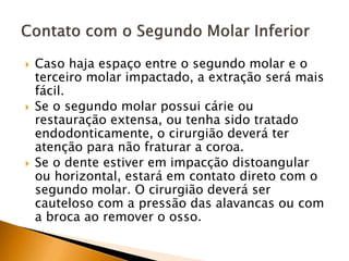 Caso haja espaço entre o segundo molar e o
terceiro molar impactado, a extração será mais
fácil.
 Se o segundo molar possui cárie ou
restauração extensa, ou tenha sido tratado
endodonticamente, o cirurgião deverá ter
atenção para não fraturar a coroa.
 Se o dente estiver em impacção distoangular
ou horizontal, estará em contato direto com o
segundo molar. O cirurgião deverá ser
cauteloso com a pressão das alavancas ou com
a broca ao remover o osso.
 