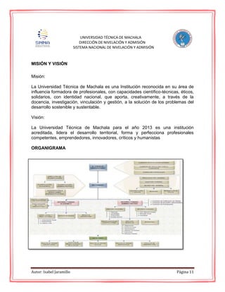 Autor: Isabel Jaramillo Página 11
UNIVERSIDAD TÉCNICA DE MACHALA
DIRECCIÓN DE NIVELACIÓN Y ADMISIÓN
SISTEMA NACIONAL DE NIVELACIÓN Y ADMISIÓN
MISIÓN Y VISIÓN
Misión:
La Universidad Técnica de Machala es una Institución reconocida en su área de
influencia formadora de profesionales, con capacidades científico-técnicas, éticos,
solidarios, con identidad nacional, que aporta, creativamente, a través de la
docencia, investigación, vinculación y gestión, a la solución de los problemas del
desarrollo sostenible y sustentable.
Visión:
La Universidad Técnica de Machala para el año 2013 es una institución
acreditada, lidera el desarrollo territorial, forma y perfecciona profesionales
competentes, emprendedores, innovadores, críticos y humanistas
ORGANIGRAMA
 
