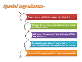 Colours:- used to make the preparation more attractive.
Bleaches:- For the removal of stains from teeth to impart
the whitening effect.
Lubricants:- These are mainly used for the ease of filling
and coming out.
Therapeutic agents:- Generally used to show
pharmacological actions during applications like clove etc.
Thickeners:- This is added to avoid the excess pouring capability.
 