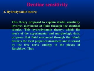 Dentine sensitivity
This theory proposed to explain dentin sensitivity
involves movement of fluid through the dentinal
tubules. This hydrodynamic theory, which fits
much of the experimental and morphologic data,
proposes that fluid movement through the tubule
distorts the local pulpal environment and is sensed
by the free nerve endings in the plexus of
Raschkow. Thus
2. Hydrodynamic theory:
 