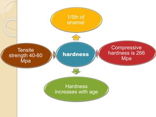 1/5th of 
enamel 
hardness 
Compressive 
hardness is 266 
Mpa 
Hardness 
increases with age 
Tensite 
strength 40-60 
Mpa 
 