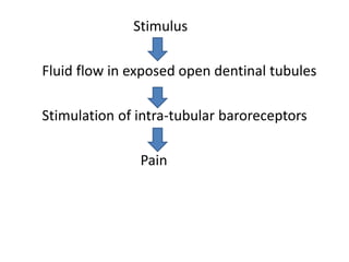 Stimulus
Fluid flow in exposed open dentinal tubules
Stimulation of intra-tubular baroreceptors
Pain
 
