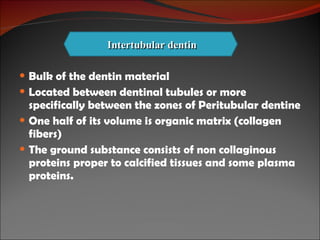 Bulk of the dentin material Located between dentinal tubules or more specifically between the zones of Peritubular dentine One half of its volume is organic matrix (collagen fibers)  The ground substance consists of non collaginous proteins proper to calcified tissues and some plasma proteins. Intertubular dentin 
