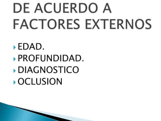  EDAD.
 PROFUNDIDAD.
 DIAGNOSTICO
 OCLUSION
 