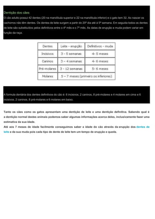 Dentição dos cães
O cão adulto possui 42 dentes (20 na mandíbula superior e 22 na mandíbula inferior) e o gato tem 32. Ao nascer os
cachorros não têm dentes. Os dentes de leite surgem a partir do 20º dia até à 5ª semana. Em seguida todos os dentes
de leite são substituídos pelos definitivos entre o 4º mês e o 7º mês. As datas de erupção e muda podem variar em
função da raça.
Obs-Outras fontes de pesquisa informam que o gato adulto tem 30 dentes
A formula dentária dos dentes definitivos do cão é: 6 incisivos, 2 caninos, 8 pré-molares e 4 molares em cima e 6
incisivos, 2 caninos, 8 pré-molares e 6 molares em baixo.
Tanto os cães como os gatos apresentam uma dentição de leite e uma dentição definitiva. Sabendo qual é
a dentição normal destes animais podemos saber algumas informações acerca deles, inclusivamente fazer uma
estimativa da sua idade.
Até aos 7 meses de idade facilmente conseguimos saber a idade do cão através da erupção dos dentes de
leite e da sua muda pois cada tipo de dente de leite tem um tempo de erupção e queda.
 