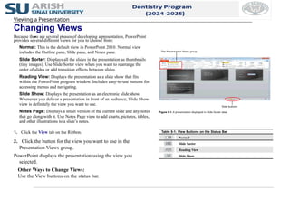 Changing Views
Because there are several phases of developing a presentation, PowerPoint
provides several different views for you to choose from:
Normal: This is the default view in PowerPoint 2010. Normal view
includes the Outline pane, Slide pane, and Notes pane.
Slide Sorter: Displays all the slides in the presentation as thumbnails
(tiny images). Use Slide Sorter view when you want to rearrange the
order of slides or add transition effects between slides.
Reading View: Displays the presentation as a slide show that fits
within the PowerPoint program window. Includes easy-to-use buttons for
accessing menus and navigating.
Slide Show: Displays the presentation as an electronic slide show.
Whenever you deliver a presentation in front of an audience, Slide Show
view is definitely the view you want to use.
Notes Page: Displays a small version of the current slide and any notes
that go along with it. Use Notes Page view to add charts, pictures, tables,
and other illustrations to a slide’s notes.
1. Click the View tab on the Ribbon.
2. Click the button for the view you want to use in the
Presentation Views group.
PowerPoint displays the presentation using the view you
selected.
Other Ways to Change Views:
Use the View buttons on the status bar.
Figure 5-1: A presentation displayed in Slide Sorter view.
Table 5-1: View Buttons on the Status Bar
Normal
Slide Sorter
Reading View
Slide Show
Viewing a Presentation
The Presentation Views group
View buttons
 