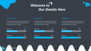 Welcome to
Our Details Here
Effectivity 92%
Efficiency 56%
A wonderful serenity has taken possession of
my entire soul, like these sweet mornings of
spring these sweet mornings
Your Text Here
Effectivity 92%
Efficiency 56%
A wonderful serenity has taken possession of
my entire soul, like these sweet mornings of
spring these sweet mornings
Your Text Here
Effectivity 92%
Efficiency 56%
A wonderful serenity has taken possession of
my entire soul, like these sweet mornings of
spring these sweet mornings
Your Text Here
A wonderful serenity has taken
 