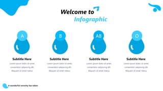 A wonderful serenity has taken
Welcome to
Infographic
A B AB O
Lorem ipsum dolor sit amet,
consectetur adipiscing elit.
Aliquam sit amet metus.
Subtitle Here
Lorem ipsum dolor sit amet,
consectetur adipiscing elit.
Aliquam sit amet metus.
Subtitle Here
Lorem ipsum dolor sit amet,
consectetur adipiscing elit.
Aliquam sit amet metus.
Subtitle Here
Lorem ipsum dolor sit amet,
consectetur adipiscing elit.
Aliquam sit amet metus.
Subtitle Here
 