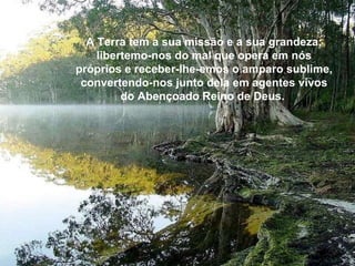 A Terra tem a sua missão e a sua grandeza; libertemo-nos do mal que opera em nós próprios e receber-Ihe-emos o amparo sublime, convertendo-nos junto dela em agentes vivos do Abençoado Reino de Deus.  A Terra tem a sua missão e a sua grandeza; libertemo-nos do mal que opera em nós próprios e receber-Ihe-emos o amparo sublime, convertendo-nos junto dela em agentes vivos do Abençoado Reino de Deus.  