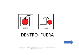 Autor pictogramas: Sergio Palao Procedencia: http://catedu.es/arasaac/ Licencia: CC (BY-NC-SA)
Autora: Mª José Bernardos
DENTRO- FUERA
 