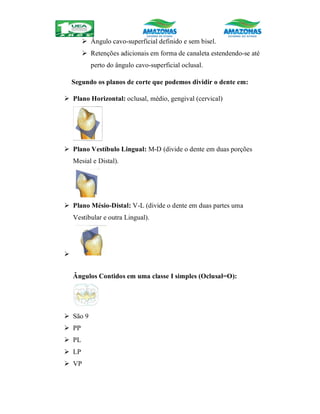  Ângulo cavo-superficial definido e sem bisel.
 Retenções adicionais em forma de canaleta estendendo-se até
perto do ângulo cavo-superficial oclusal.
Segundo os planos de corte que podemos dividir o dente em:
 Plano Horizontal: oclusal, médio, gengival (cervical)
 Plano Vestíbulo Lingual: M-D (divide o dente em duas porções
Mesial e Distal).
 Plano Mésio-Distal: V-L (divide o dente em duas partes uma
Vestibular e outra Lingual).

Ângulos Contidos em uma classe I simples (Oclusal=O):
 São 9
 PP
 PL
 LP
 VP
 