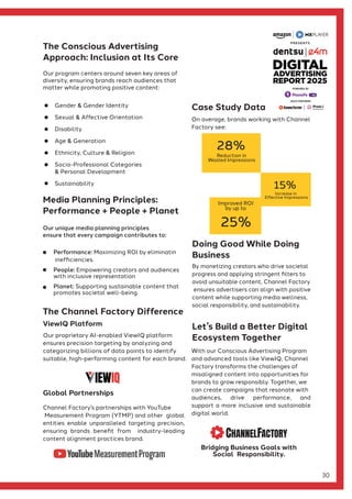 The Conscious Advertising
Approach: Inclusion at Its Core
The Channel Factory Difference
Our program centers around seven key areas of
diversity, ensuring brands reach audiences that
matter while promoting positive content:
ViewIQ Platform
On average, brands working with Channel
Factory see:
Doing Good While Doing
Business
By monetizing creators who drive societal
progress and applying stringent filters to
avoid unsuitable content, Channel Factory
ensures advertisers can align with positive
content while supporting media wellness,
social responsibility, and sustainability.
Let’s Build a Better Digital
Ecosystem Together
.
Our unique media planning principles
ensure that every campaign contributes to:
Media Planning Principles:
Performance + People + Planet
Performance: Maximizing ROI by eliminatin
inefficiencies.
People: Empowering creators and audiences
with inclusive representation
Planet: Supporting sustainable content that
promotes societal well-being.
Global Partnerships
Reduction in
Wasted Impressions
28%
Increase in
Effective Impressions
15%
Improved ROI
by up to
25%
Gender & Gender Identity
Sexual & Affective Orientation
Disability
Age & Generation
Ethnicity, Culture & Religion
Socio-Professional Categories
& Personal Development
Sustainability
With our Conscious Advertising Program
and advanced tools like ViewIQ, Channel
Factory transforms the challenges of
misaligned content into opportunities for
brands to grow responsibly. Together, we
can create campaigns that resonate with
audiences, drive performance, and
support a more inclusive and sustainable
digital world.
Our proprietary AI-enabled ViewIQ platform
ensures precision targeting by analyzing and
categorizing billions of data points to identify
suitable, high-performing content for each brand.
Channel Factory’s partnerships with YouTube
Measurement Program (YTMP) and other global
entities enable unparalleled targeting precision,
ensuring brands benefit from industry-leading
content alignment practices brand.
Bridging Business Goals with
Social Responsibility.
Case Study Data
30
GOLD PARTNERS
POWERED BY
 