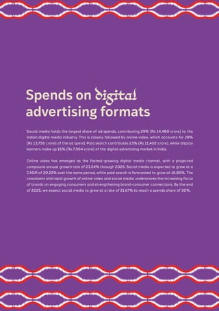 Social media holds the largest share of ad spends, contributing 29% (Rs 14,480 crore) to the
Indian digital media industry. This is closely followed by online video, which accounts for 28%
(Rs 13,756 crore) of the ad spend. Paid search contributes 23% (Rs 11,402 crore), while display
banners make up 16% (Rs 7,964 crore) of the digital advertising market in India.
Online video has emerged as the fastest-growing digital media channel, with a projected
compound annual growth rate of 23.24% through 2026. Social media is expected to grow at a
CAGR of 20.22% over the same period, while paid search is forecasted to grow at 16.85%. The
consistent and rapid growth of online video and social media underscores the increasing focus
of brands on engaging consumers and strengthening brand-consumer connections. By the end
of 2025, we expect social media to grow at a rate of 21.67% to reach a spends share of 30%.
Spends on digital
advertising formats
 
