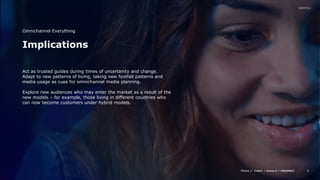 Media // / /
8
Implications
Omnichannel Everything
Act as trusted guides during times of uncertainty and change.
Adapt to new patterns of living, taking new footfall patterns and
media usage as cues for omnichannel media planning.
Explore new audiences who may enter the market as a result of the
new models – for example, those living in different countries who
can now become customers under hybrid models.
 