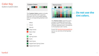 4
Color Key
Guide to Custom Colors
The Theme Colors swatches don’t
include a complete line-up of the
Kyndryl colors, and the auto-labels
of these swatches don’t correspond
to the Kyndryl color names.
As per the Kyndryl brand guidelines
we do not use tints of the Kyndryl
colors.
The Custom Colors palette includes
all of the Kyndryl color swatches,
and each one is accurately labeled
with its corresponding Kyndryl color
name:
White
Cloud
Spruce
Deep Forest
Warm Red
Skye
Spring Green
Earth
Dark Stone
Digital Dark Spring Green
Digital Dark Earth
Do not use the
tint colors.
 