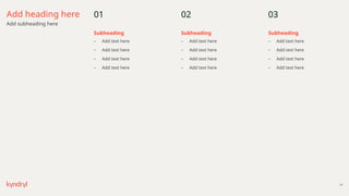 47
Add heading here
Add subheading here
– Add text here
– Add text here
– Add text here
– Add text here
– Add text here
– Add text here
– Add text here
– Add text here
– Add text here
– Add text here
– Add text here
– Add text here
01 02 03
Subheading Subheading Subheading
 