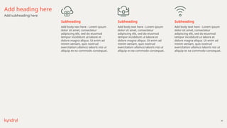 48
Add heading here
Add subheading here
Add body text here - Lorem ipsum
dolor sit amet, consectetur
adipiscing elit, sed do eiusmod
tempor incididunt ut labore et
dolore magna aliqua. Ut enim ad
minim veniam, quis nostrud
exercitation ullamco laboris nisi ut
aliquip ex ea commodo consequat.
Add body text here - Lorem ipsum
dolor sit amet, consectetur
adipiscing elit, sed do eiusmod
tempor incididunt ut labore et
dolore magna aliqua. Ut enim ad
minim veniam, quis nostrud
exercitation ullamco laboris nisi ut
aliquip ex ea commodo consequat.
Add body text here - Lorem ipsum
dolor sit amet, consectetur
adipiscing elit, sed do eiusmod
tempor incididunt ut labore et
dolore magna aliqua. Ut enim ad
minim veniam, quis nostrud
exercitation ullamco laboris nisi ut
aliquip ex ea commodo consequat.
Subheading Subheading Subheading
 