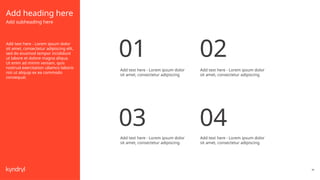 49
Add heading here
Add subheading here
Add text here - Lorem ipsum dolor
sit amet, consectetur adipiscing elit,
sed do eiusmod tempor incididunt
ut labore et dolore magna aliqua.
Ut enim ad minim veniam, quis
nostrud exercitation ullamco laboris
nisi ut aliquip ex ea commodo
consequat.
Add text here - Lorem ipsum dolor
sit amet, consectetur adipiscing
Add text here - Lorem ipsum dolor
sit amet, consectetur adipiscing
Add text here - Lorem ipsum dolor
sit amet, consectetur adipiscing
Add text here - Lorem ipsum dolor
sit amet, consectetur adipiscing
01 02
03 04
 