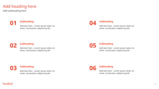 51
Subheading Subheading
Subheading
Subheading Subheading
Subheading
Add heading here
Add subheading here
Add text here - Lorem ipsum dolor sit
amet, consectetur adipiscing elit
Add text here - Lorem ipsum dolor sit
amet, consectetur adipiscing elit
Add text here - Lorem ipsum dolor sit
amet, consectetur adipiscing elit
Add text here - Lorem ipsum dolor sit
amet, consectetur adipiscing elit
Add text here - Lorem ipsum dolor sit
amet, consectetur adipiscing elit
Add text here - Lorem ipsum dolor sit
amet, consectetur adipiscing elit
01
02
03
04
05
06
 