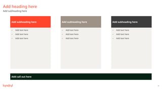 57
Add subheading here Add subheading here Add subheading here
Add heading here
Add subheading here
– Add text here
– Add text here
– Add text here
– Add text here
– Add text here
– Add text here
– Add text here
– Add text here
– Add text here
Add call out here
 