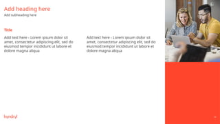 60
Title
Add heading here
Add subheading here
Add text here - Lorem ipsum dolor sit
amet, consectetur adipiscing elit, sed do
eiusmod tempor incididunt ut labore et
dolore magna aliqua
Add text here - Lorem ipsum dolor sit
amet, consectetur adipiscing elit, sed do
eiusmod tempor incididunt ut labore et
dolore magna aliqua
 