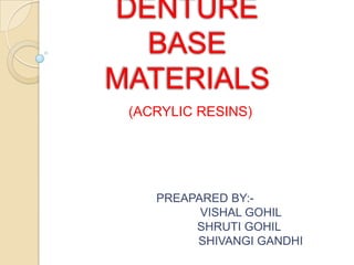 DENTURE
BASE
MATERIALS
(ACRYLIC RESINS)
PREAPARED BY:-
VISHAL GOHIL
SHRUTI GOHIL
SHIVANGI GANDHI
 
