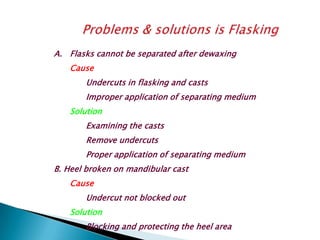A. Flasks cannot be separated after dewaxing
   Cause
       Undercuts in flasking and casts
       Improper application of separating medium
   Solution
       Examining the casts
       Remove undercuts
       Proper application of separating medium
B. Heel broken on mandibular cast
   Cause
       Undercut not blocked out
   Solution
       Blocking and protecting the heel area
 