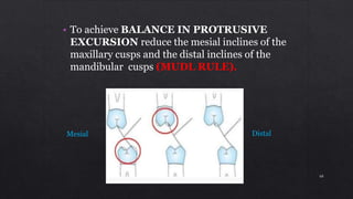 • To achieve BALANCE IN PROTRUSIVE
EXCURSION reduce the mesial inclines of the
maxillary cusps and the distal inclines of the
mandibular cusps (MUDL RULE).
Mesial Distal
60
 