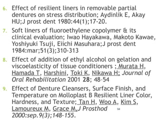 6. Effect of resilient liners in removable partial
dentures on stress distribution; Aydinlik E, Akay
HU;J prost dent 1980:44(1);17-20.
7. Soft liners of fluoroethylene copolymer & its
clinical evaluation; Iwao Hayakawa, Makoto Kawae,
Yoshiyuki Tsuji, Eiichi Masuhara;J prost dent
1984:mar;51(3);310-313
8. Effect of addition of ethyl alcohol on gelation and
viscoelasticity of tissue conditioners ; Murata H,
Hamada T, Harshini, Toki K, Nikawa H; Journal of
Oral Rehabilitation 2001 28; 48–54
9. Effect of Denture Cleansers, Surface Finish, and
Temperature on Molloplast B Resilient Liner Color,
Hardness, and Texture; Tan H, Woo A, Kim S,
Lamoureux M, Grace M,J Prosthod
2000:sep.9(3);148-155.
94
 