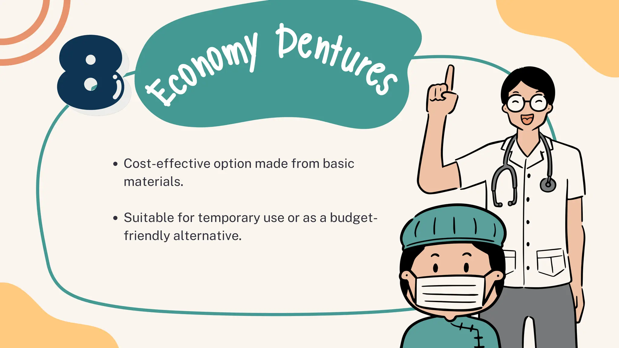 E
conomy Dentures
Cost-effective option made from basic
materials.
Suitable for temporary use or as a budget-
friendly alternative.
 