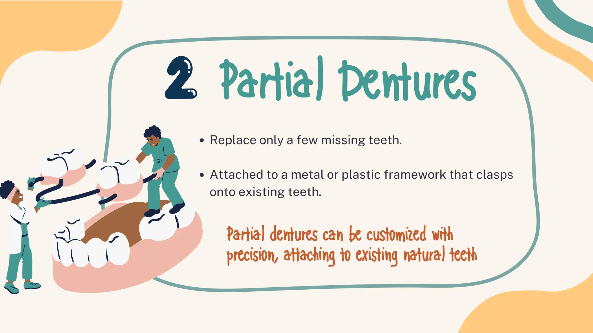 Partial Dentures
Replace only a few missing teeth.
Attached to a metal or plastic framework that clasps
onto existing teeth.
Partial dentures can be customized with
precision, attaching to existing natural teeth
 