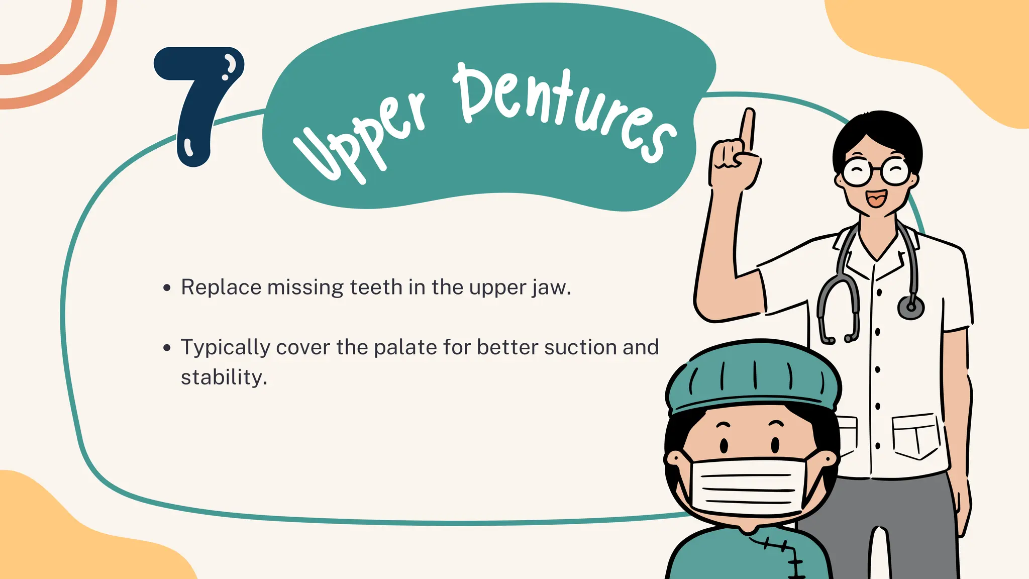 Upper Dentures
Replace missing teeth in the upper jaw.
Typically cover the palate for better suction and
stability.
 