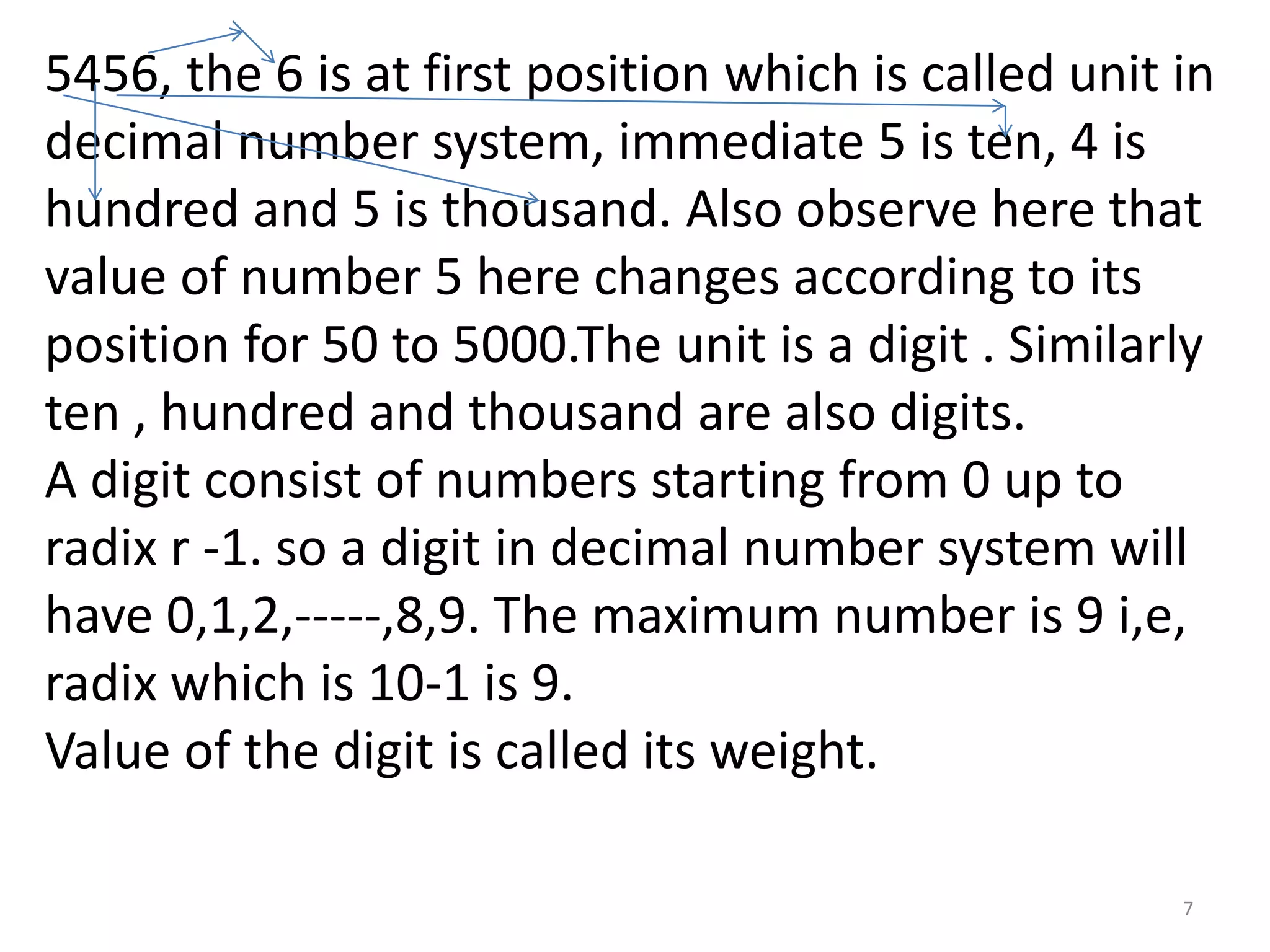 5456, the 6 is at first position which is called unit in
decimal number system, immediate 5 is ten, 4 is
hundred and 5 is thousand. Also observe here that
value of number 5 here changes according to its
position for 50 to 5000.The unit is a digit . Similarly
ten , hundred and thousand are also digits.
A digit consist of numbers starting from 0 up to
radix r -1. so a digit in decimal number system will
have 0,1,2,-----,8,9. The maximum number is 9 i,e,
radix which is 10-1 is 9.
Value of the digit is called its weight.
7
 